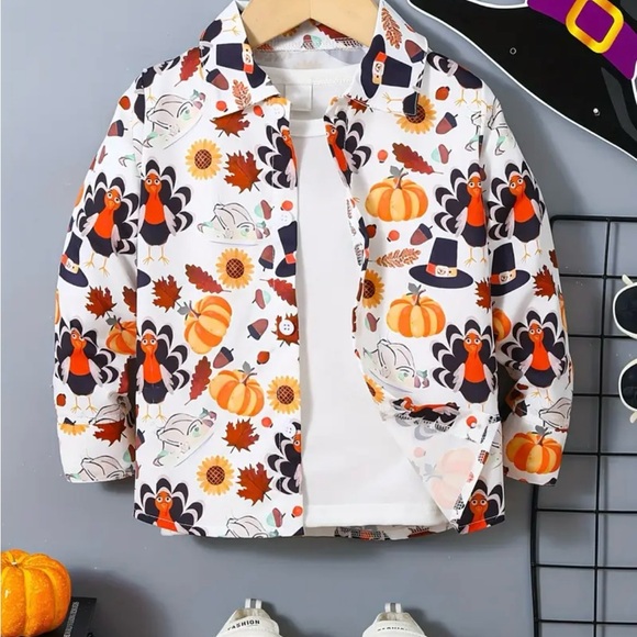 Festive Turkey and Pumpkin Print Shirt - Picture 1 of 6